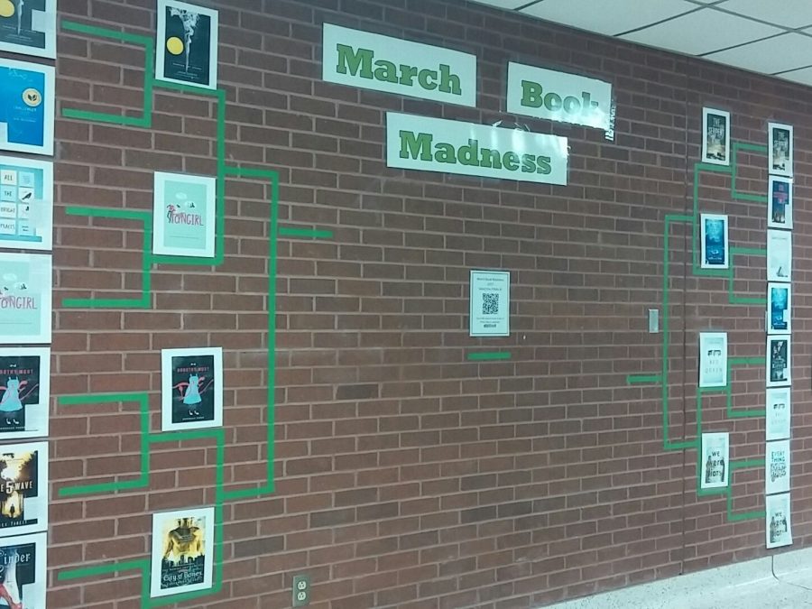 The+KPHS+librarys+March+Book+Madness+wall+in+the+second+round.+Photo+courtesy+Jessica+Castille.