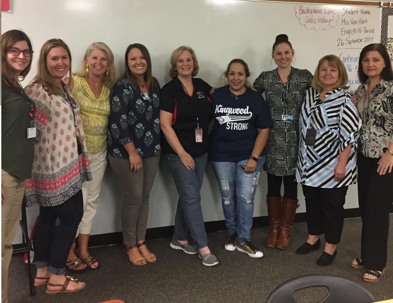 Kristin Johnson, Kacie Sheridan, Cindy Babich, Tatiana Kolesnikov, Kelly Kilpatrick, Gina Sanchez, Lesa Pritchard, and Regina Garcia are all counselors and educators that volunteered to provide child care, snacks, and counseling for Harvey victims.