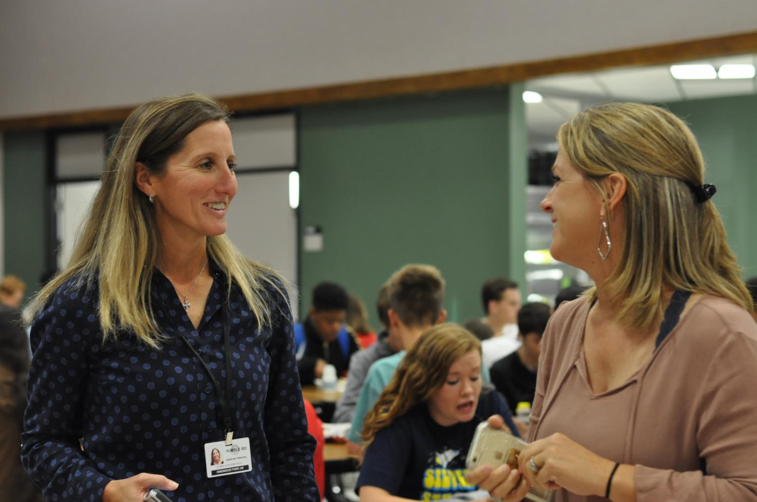 Dr. Donna Papadimitriou and Dr. Amy Wallace visit during cafeteria duty in August. The two just started working together when Dr. Papadimitriou became an assistant principal in July, however, they have known each other many years. Both are assistant principals at KPARK now.