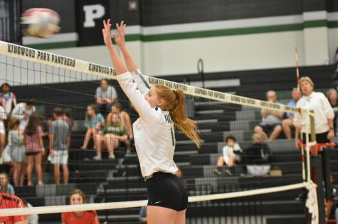 Senior Katey Searcy goes for a block against Caney Creek in a home match on Aug. 28. The Panthers swept Caney Creek in three sets. And the JV and Freshmen teams also won.