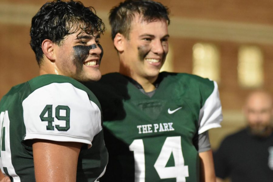 Seniors Hayden Park and Sam Johansen celebrate together after defeating Porter on Sept. 29. They have helped lead the team to a 3-0 district record. They will face New Caney this weekend, a team that is also 3-0 in district play.