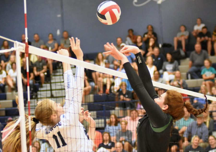 Senior LIbby Overmyer blocks the ball against Kingwood High School in a match earlier this season. Overmyer was the MVP of the state tournament last year as she helped lift the Panthers to the 5A state title. 