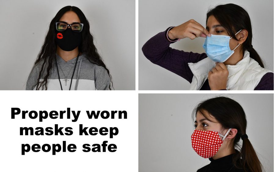 Three students demonstrate how to properly wear masks. If masks are too big, they can be adjusted by twisting them once before wrapping them around the ears. Pinching the nose on school-issued masks also helps. And tucking the mask below glasses, helps keep glasses from fogging over. 