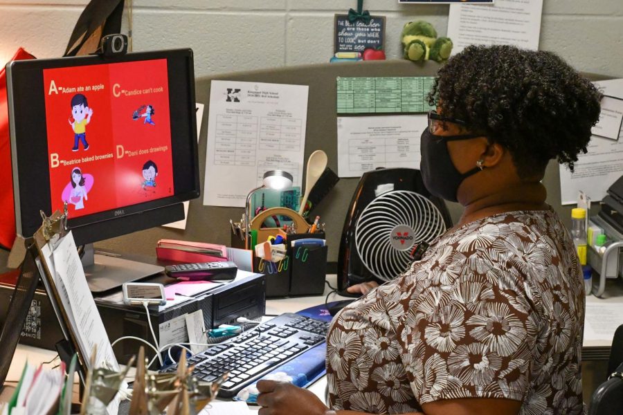 Family & Consumer Science teacher Rolanda Wilkins works on grading her students projects. 