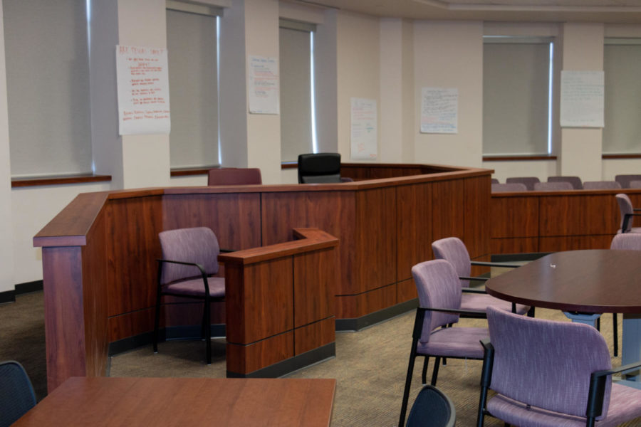 In the Summer Creek courtroom, a witness stand is attached to the judges bench. A similar plan has been made for the Kingwood Park courtroom.