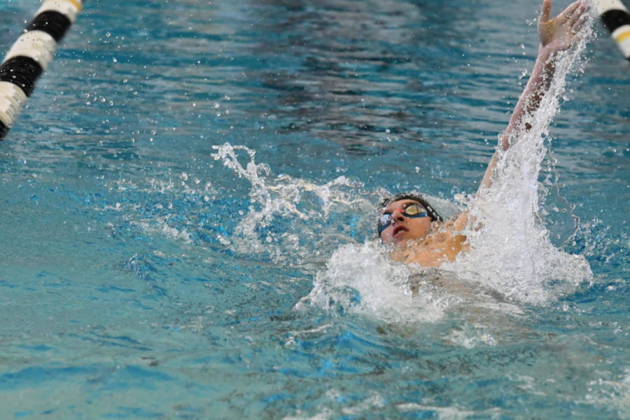Senior Carter Bennett competes in the backstroke during a meet against Summer Creek in September. 