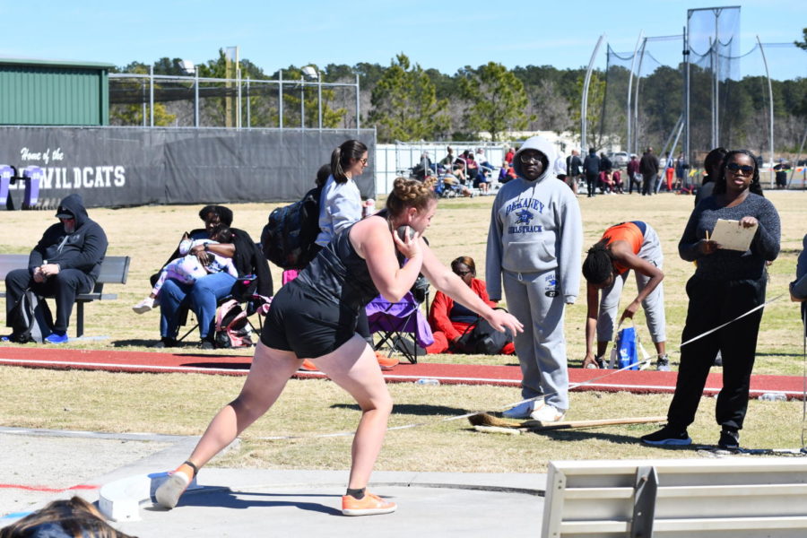 Freshman Courtney Daniel throws the shot put at the Sam Moseley Relays on Feb. 19.