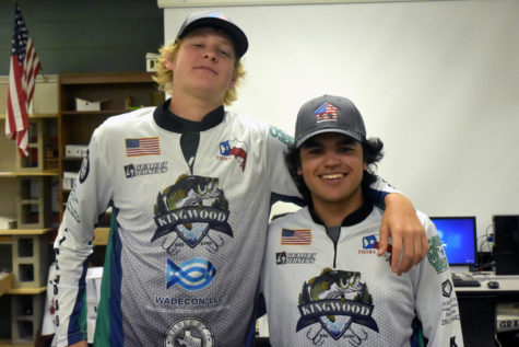 Freshman Kallen Cosper and sophomore Dominic Ortiz compete at the regional fishing tournament Saturday at Lake Travis.