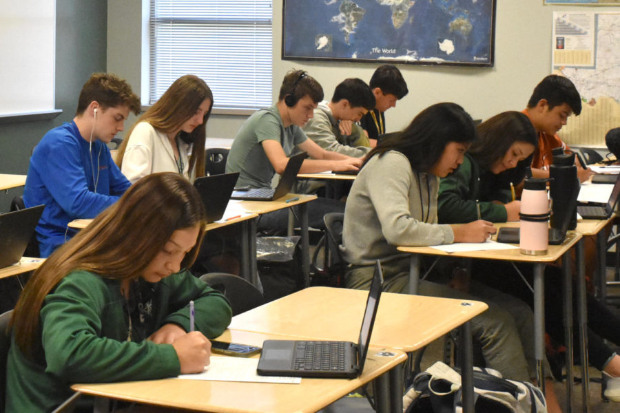 Students in AP Human work on an assignment during class. All students will have the options to take finals in the spring to improve their grades. The tests will not be required. 
