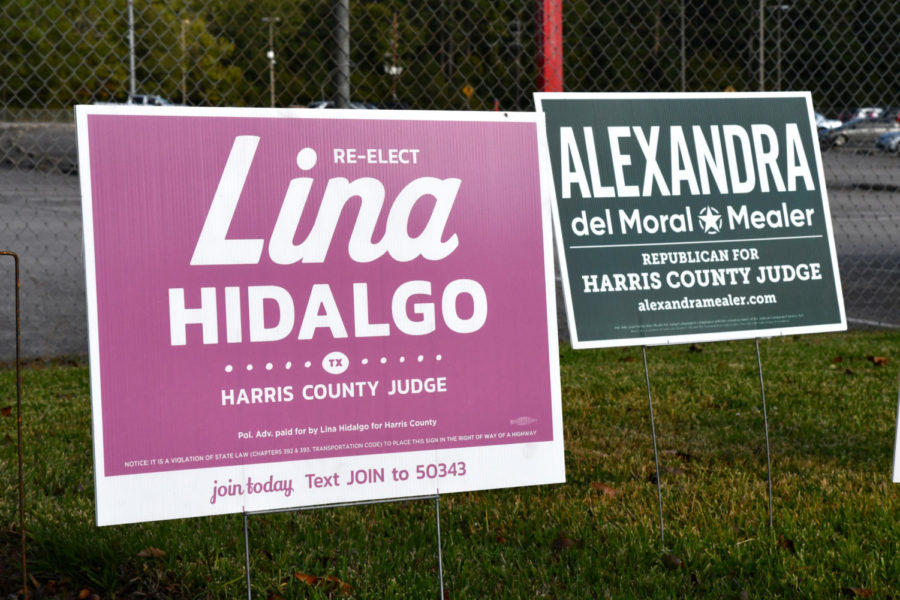 Campaign signs still sit outside the Kingwood Community Center, where Kingwood residents were able to submit early ballots. 