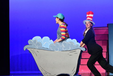 During dress rehearsal, sophomore Grace Potter (as the Cat in the Hat) pushes sophomore Olivia Brenner (as Jojo) in a bathtub. 