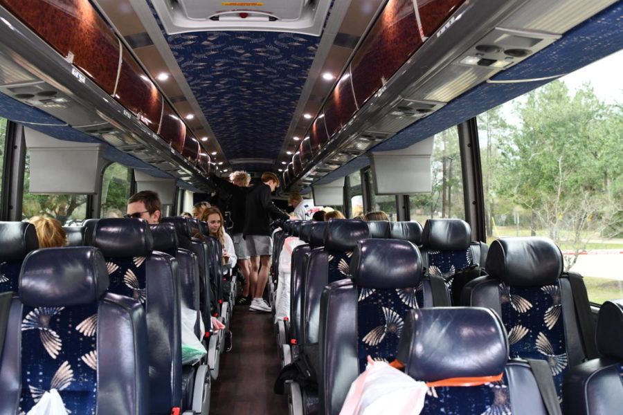 The charter bus awaits the boys and girls swim team as they head to Austin for the state swim championships on Feb. 16. 