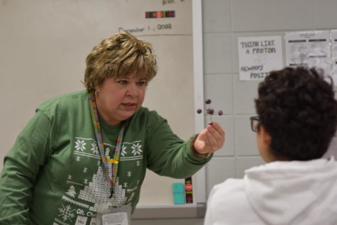 Chemistry teacher Laurie Rosato uses a model to explain a lesson during a lecture. Her original plan when she was growing up was to teach English. 