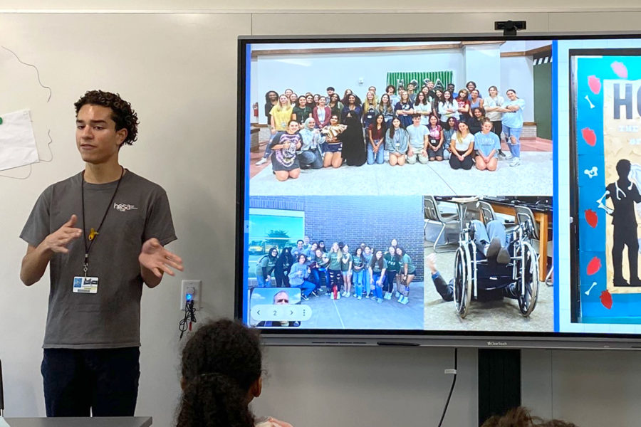 Senior David Bell leads a presentation to students at Kingwood Middle School in the spring. Bell received silver recognition for blood drive coordination at the HOSA state conference this year.