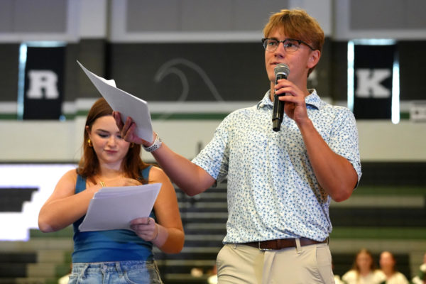 Junior class president leads the homecoming pep rally with senior class president Reese Shaw on Sept. 6. 
