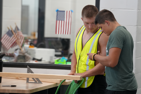 Two students in the advanced architecture class work on the latest Tiny Home in the new building.