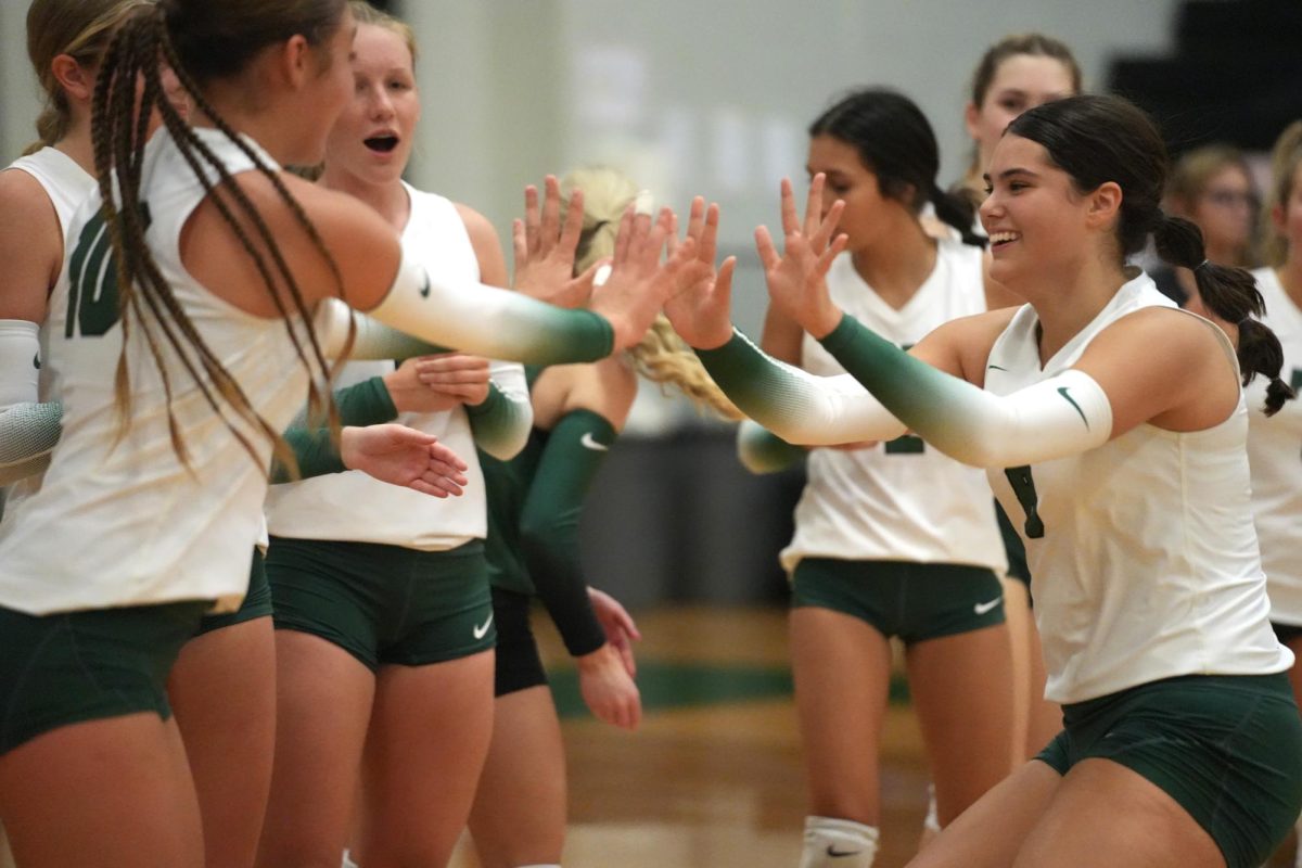 During pregame introductions, sophomore Madison Ling high fives her teammates before playing a match against Baytown Sterling.
