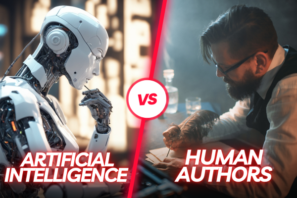 The debate continues over whethre or not AI can replace human authors. Photo illustration by Victoria Anisi created with copyright free images from Deep AI and Canva.