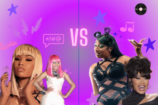 Rap beef is a hot topic between fans of Nicki Minaj, Megan Thee Stallion and Cardi B. Graphic created by Dannika Melendez. Photos used from left to right:
LaikenDesignz on DeviantArt; original image Philip Nelson, CC BY-SA 2.0 , via Wikimedia Commons, cropped the background out; 	Attribution-NonCommercial-ShareAlike (CC BY-NC-SA 2.0) cropped background out; Anthony Kane, CC BY-SA 3.0 , via Wikimedia Commons cropped the background out