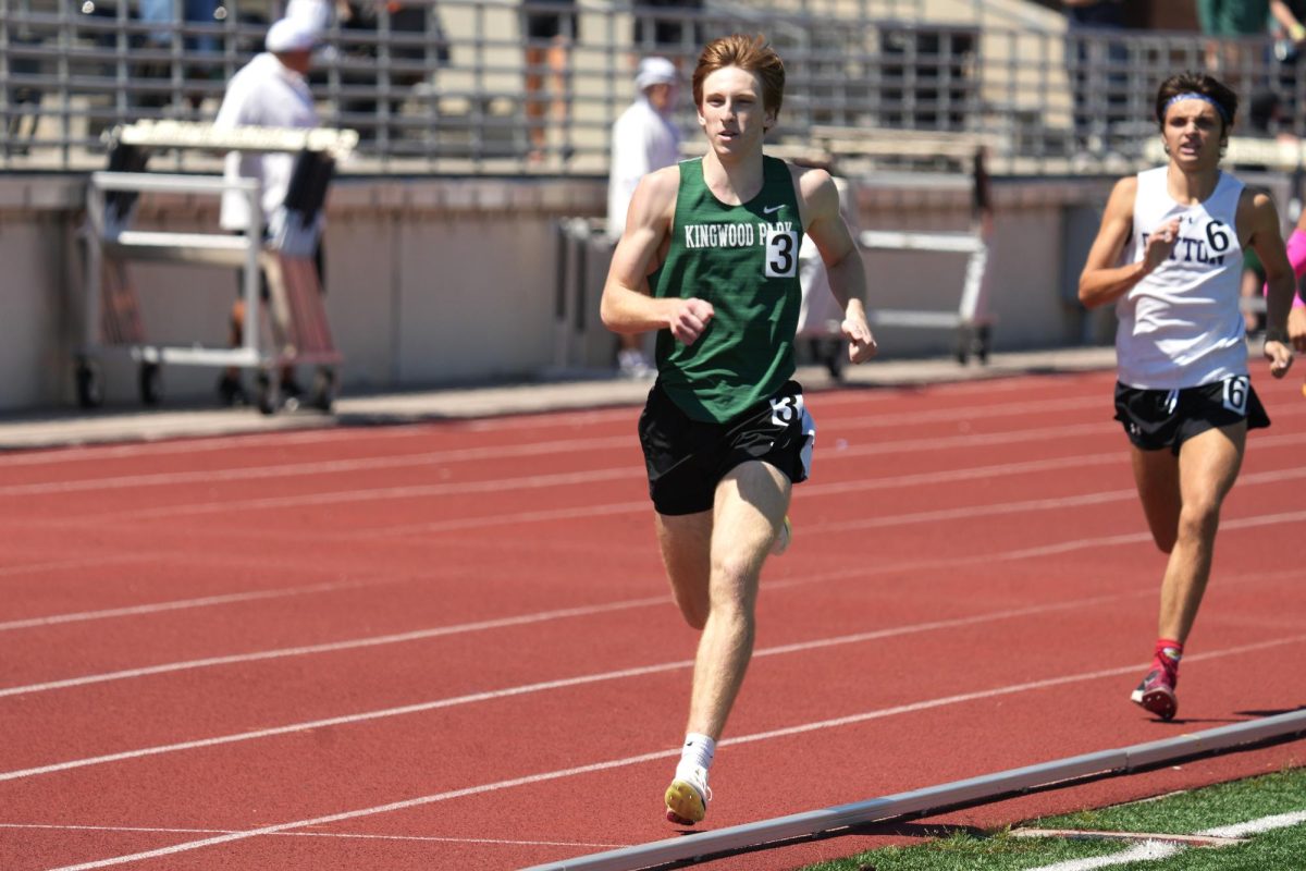 Senior Greyson Tedrick sprints to the finish in the 800m at the Area Meet on April 11. Tedrick finished in second place to qualify for the Regional Meet at UT-Arlington.