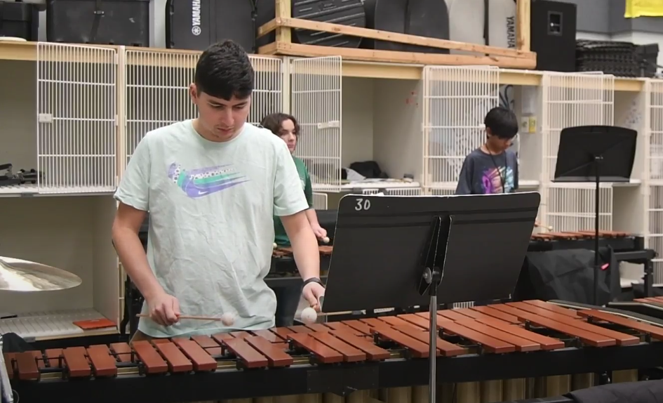 Senior Jace Rodriguez practices the marimba during KPIPE practice in the spring.
