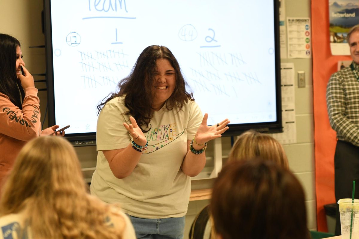 Sophomore Brianna Jedrzynski plays charades in Dr. Kevin Caizley's class in first period when the lack of internet forced the class to change plans. 