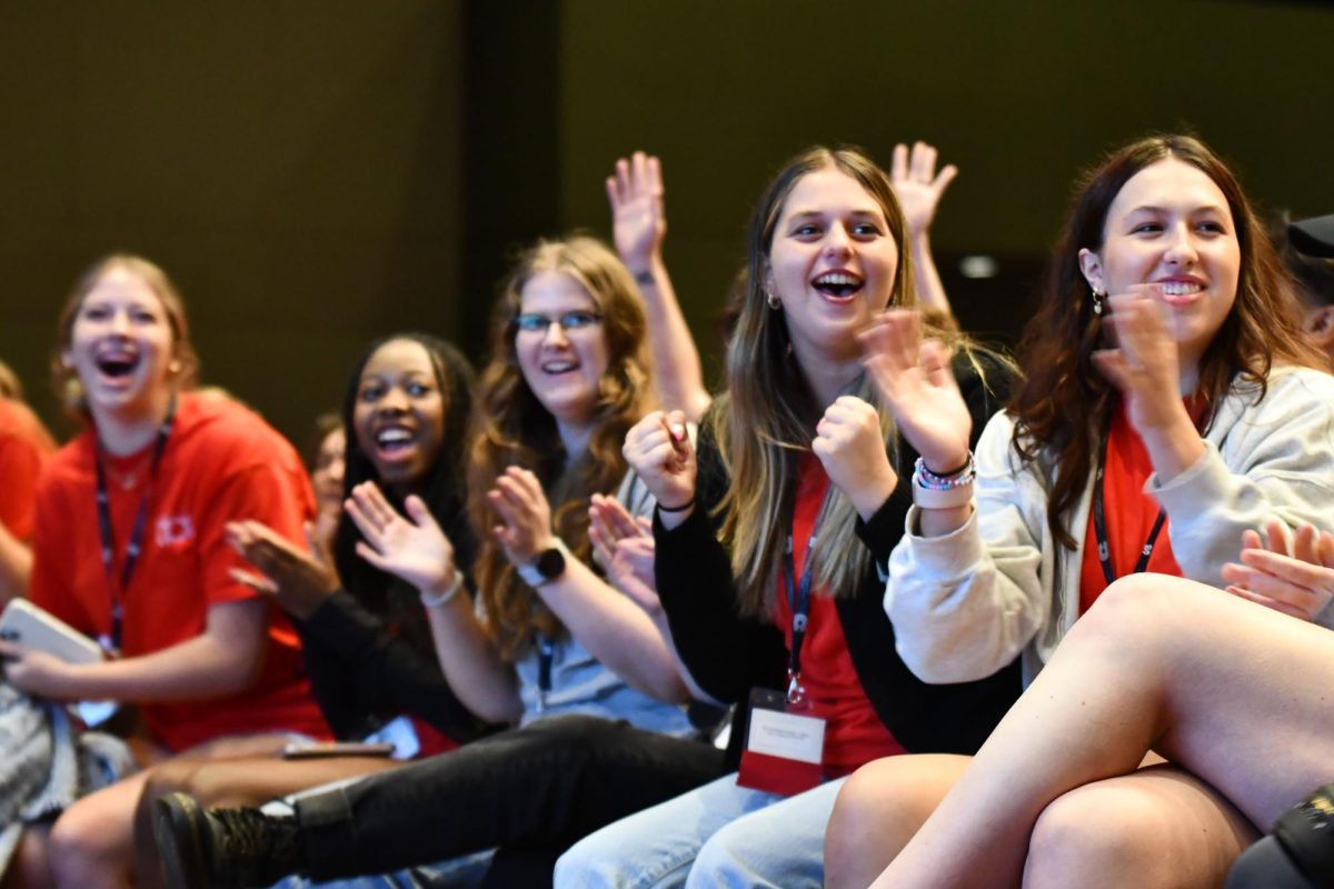 Kingwood Park journalism students Ella Hickman, Heather Horace, Michelle Klanke, Kaitlyn Sitton and Shelby Townsend erupt after hearing their won one of the social media contests during Fall Fiesta on Oct. 14. 