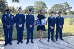 Dance teacher Cyndi Vaughn was appreciative of the ROTC students who participated in her father's burial service, which included Master Sgt. Anthony Bullock, senior Douglas Graves, junior Isaiah Montes, junior Araya Wolfe and senior Noe Ortega. Clarence Vaughn was a Sergeant in the Marines. He was buried at Houston National Cemetery on Oct. 8. Photo courtesy of Cyndi Vaughn.