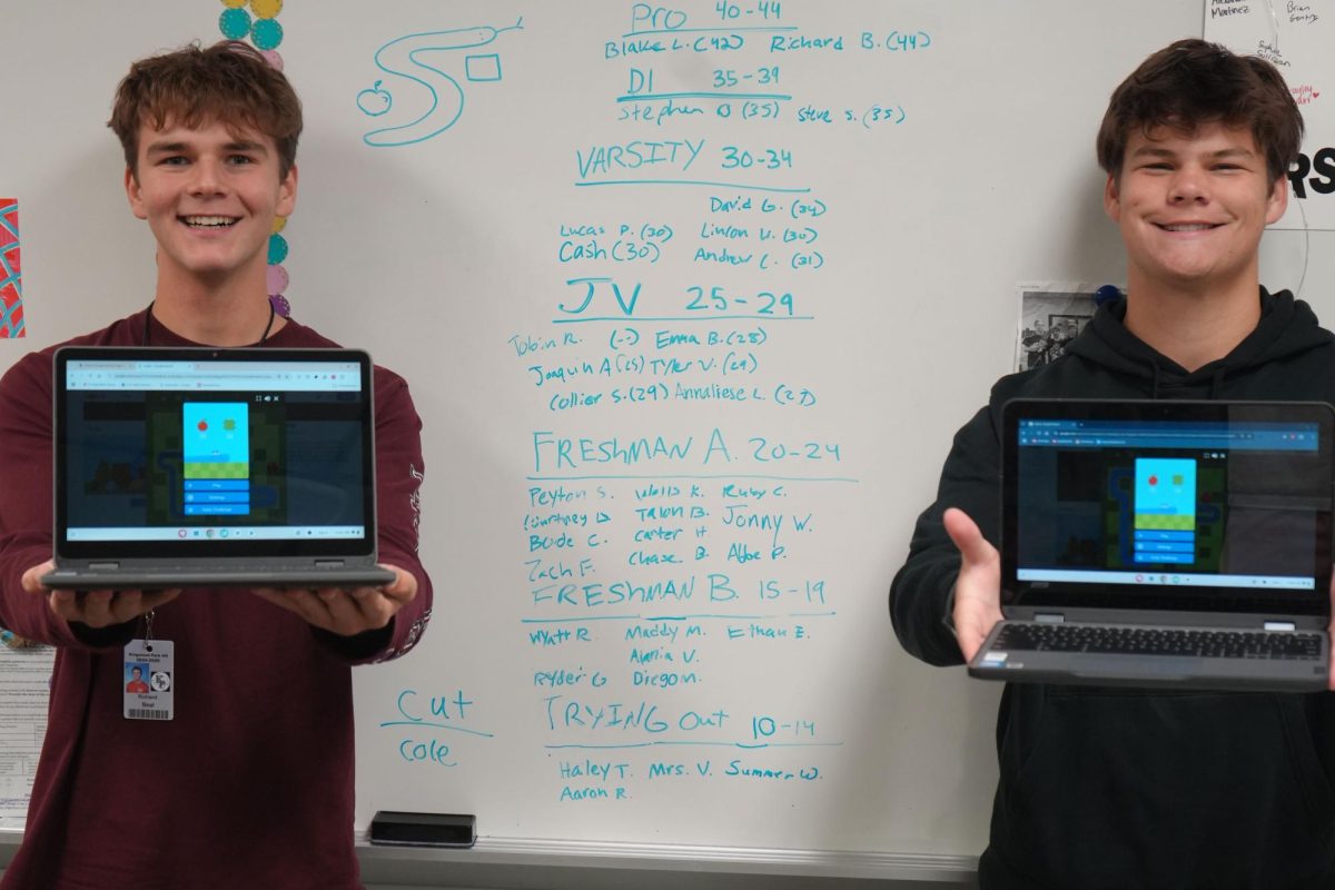 Seniors Richard Beal and Blake Lawson show off the leaderboard they created in English teacher Kimberly Villegas's classroom. Students are competing to see who can get the highest score in Snake.