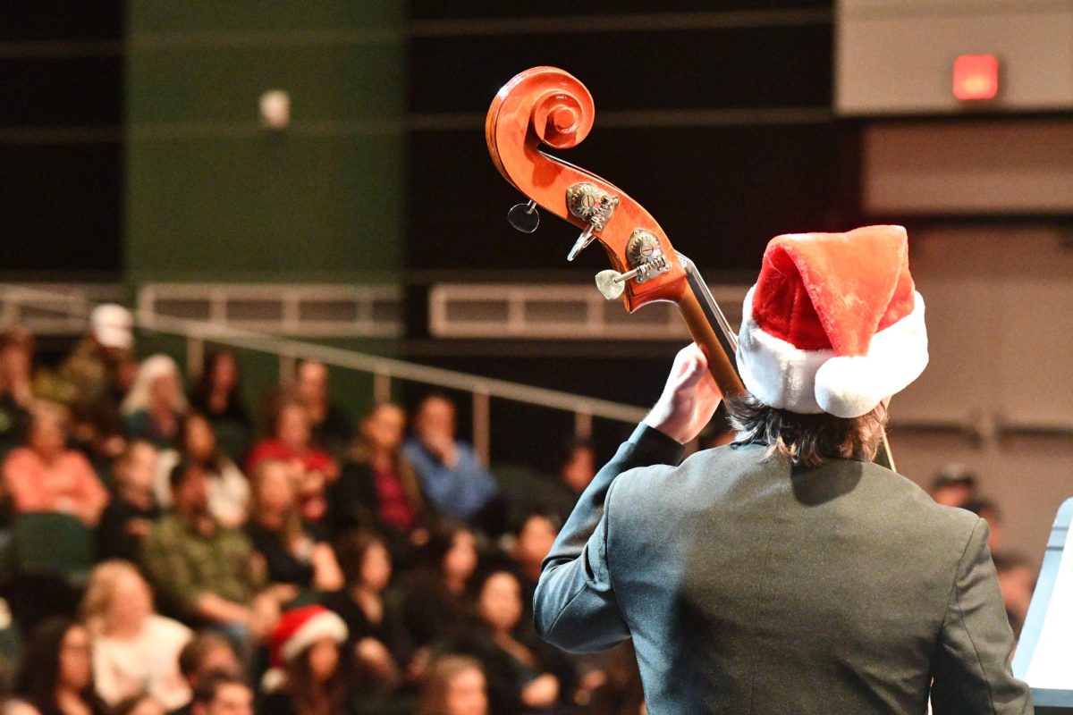 Junior Ian Ferguson plays the bass on stage.