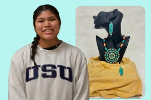 Senior Zadie Hammond's beaded medallion and earring set advanced to state in the VASE competition.