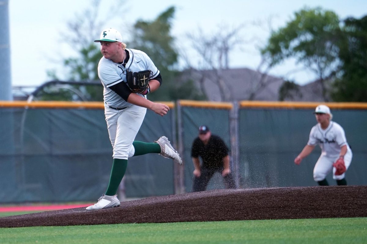 Senior Aden Murray pitches the ball to the Santa Fe batter. Murray got the win in the 2-1 victory for the Panthers on May 8.