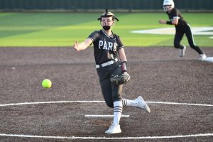 During the third inning, junior Haylee Seales pitches against a Brenham player. Seales pitched for two complete innings in the second game.