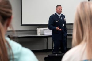 Captain Blake Hartman talks with students on Aug. 20 about his career path in the military after graduating from Kingwood Park in 2010. He now works for the United States Space Force. 
