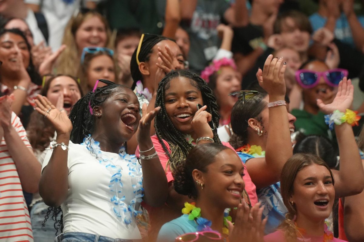 Juniors Aaven Andrews and Ryan Wilcots-Owens cheer with their classmates during the junior chant at the first pep rally of the year. 