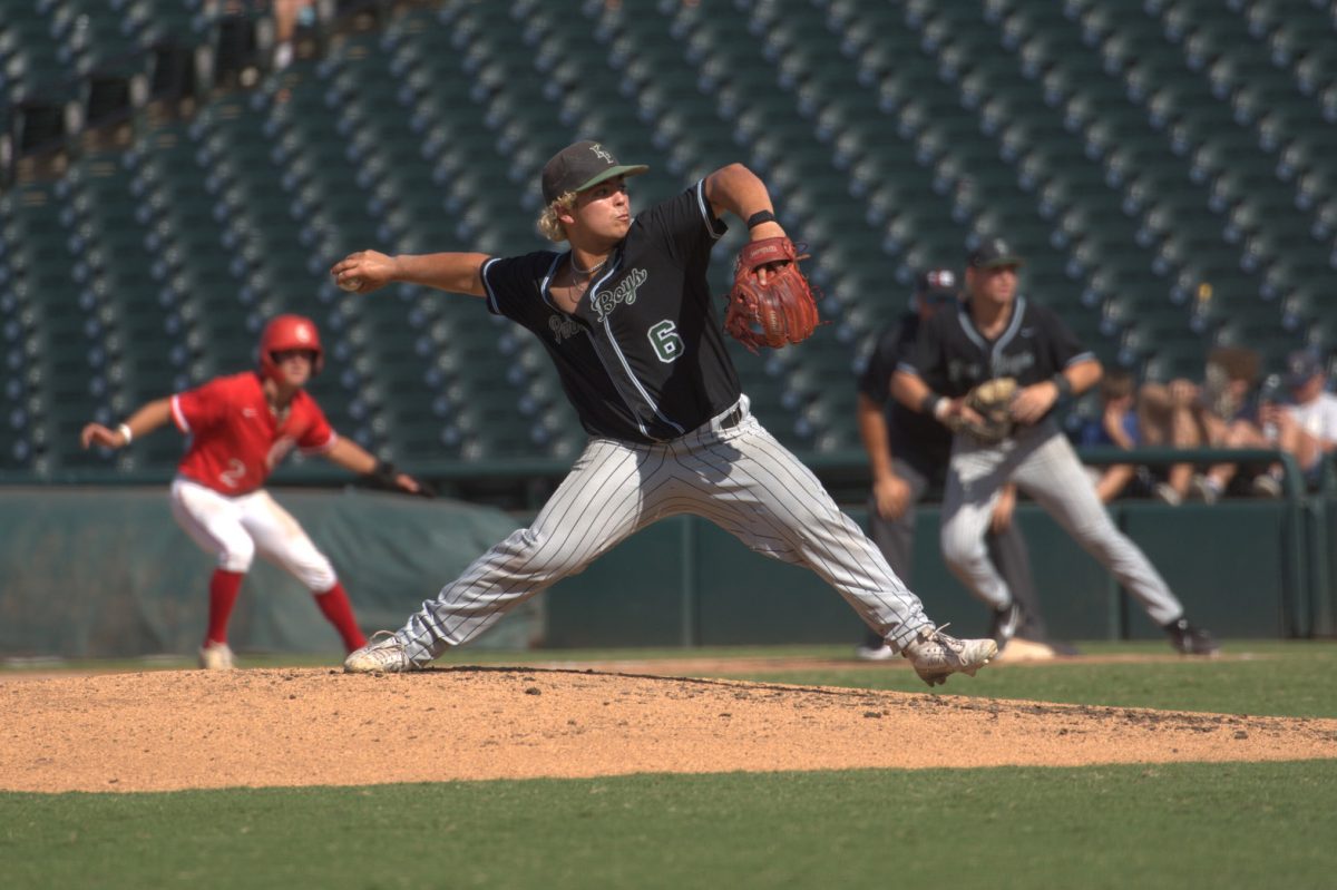 Senior Landon Coburn prepares to throw his first pitch in the state championship game after subbing into the game in the top of the second inning. Kingwood Park fell to Grapevine, 9-5, on June 6.