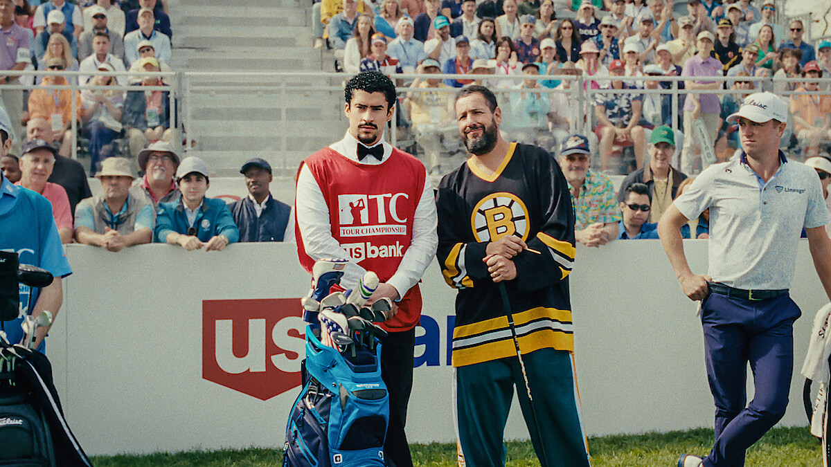 Bad Bunny and Adam Sandler star in a scene on the golf course in 'Happy Gilmore 2.' Photo courtesy of Netflix.