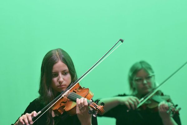 Junior violinist Amerie West performs in the beginner orchestra concert in September. She is an accomplished bassist in the chamber orchestra.