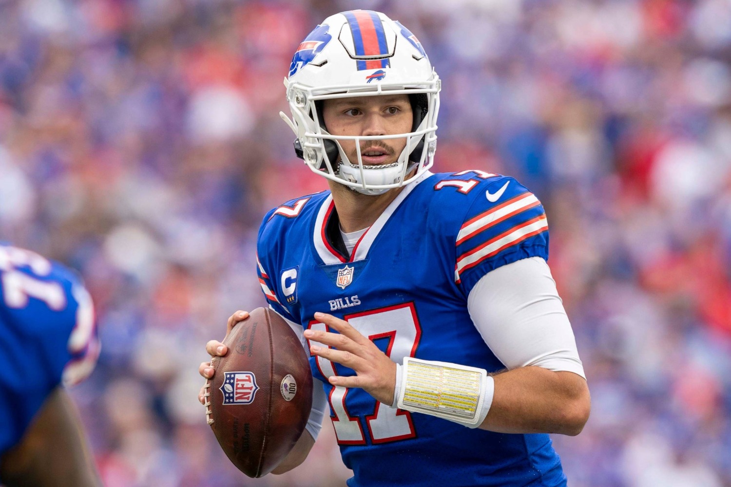 Buffalo Bills quarterback, Josh Allen, in a game against the Washington Football Team at Highmark Stadium in Buffalo, NY on Sept. 26, 2021. Photo: All-Pro Reels, CC BY-SA 2.0 via Wikimedia Commons