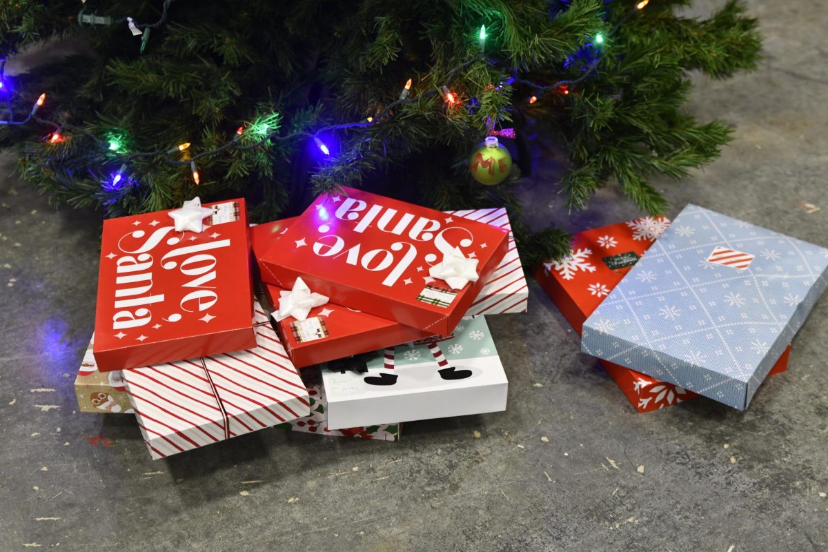 Presents for veterans who live in the Tiny Homes built by Kingwood Park students sit under the Christmas tree in Room 1851.