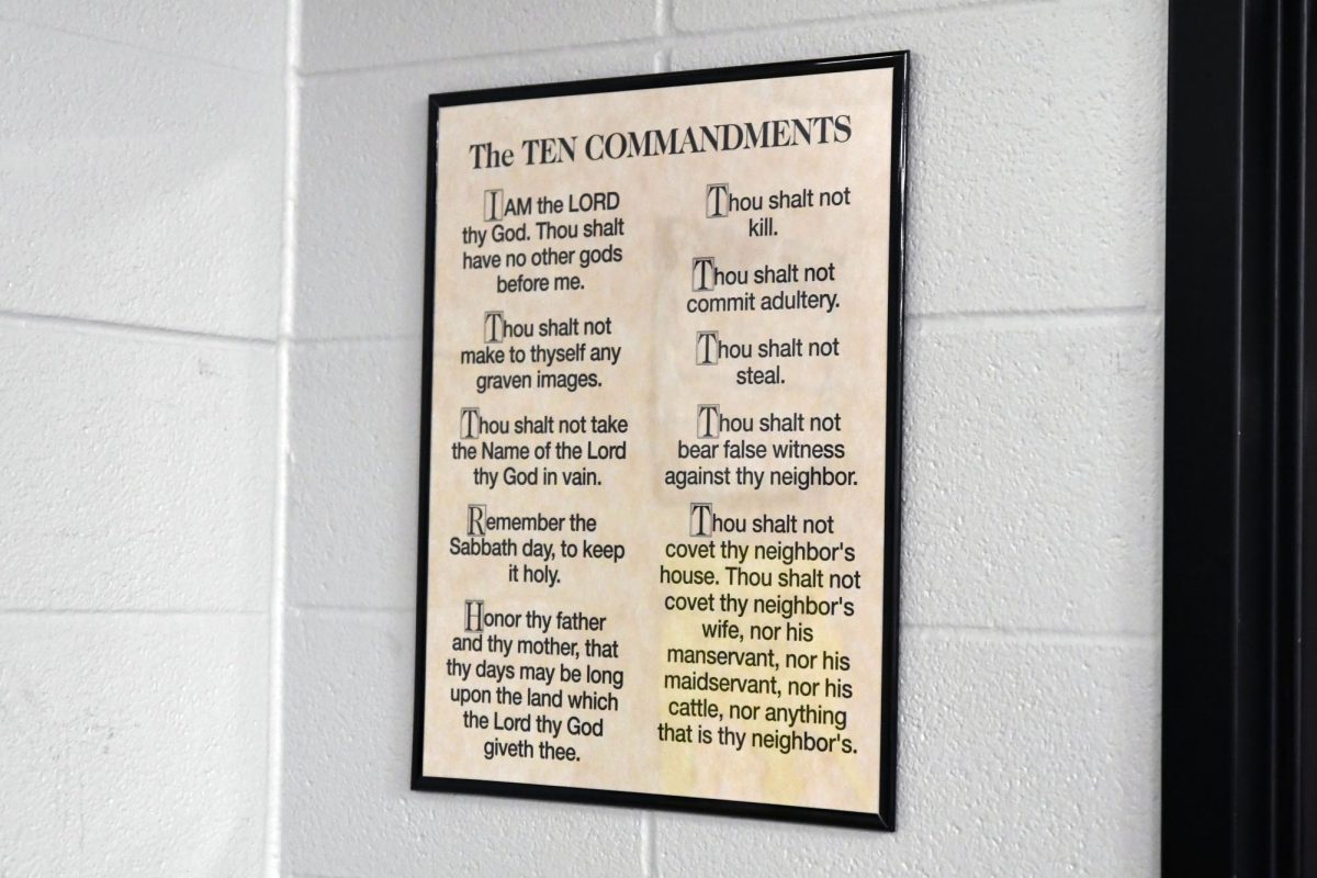 A 16x20 inch poster of The Ten Commandments sits in a visible location in every classroom following a new bill passed over the summer. 