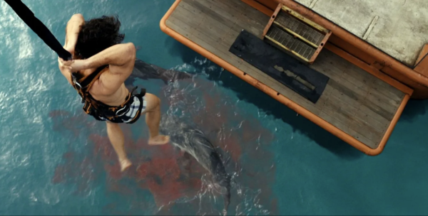 In "Dangerous Animals," victims are lowered into the ocean with a pool of blood surrounding them. The 2025 horror movie is available on AppleTV+ or Prime Video to rent. Photo courtesy of Vertigo Releasing/PA.