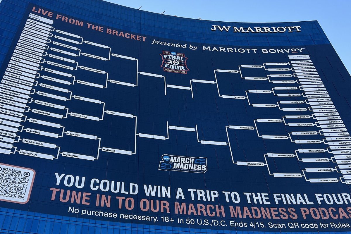 The 2026 NCAA Men's Division I basketball tournament bracket graphic as displayed on the JW Marriott Indianapolis. Photo courtesy of MitchDoner, CC BY-SA 4.0 via Wikimedia Commons.