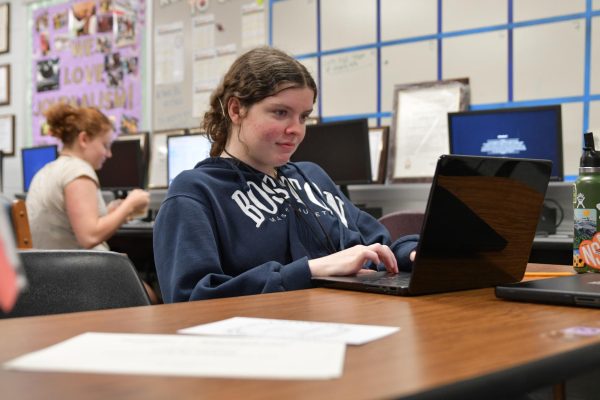 Senior Tricia Darcy works on the upcoming May issue of the newspaper on April 21. She advanced to the regional competition in four journalism events. 