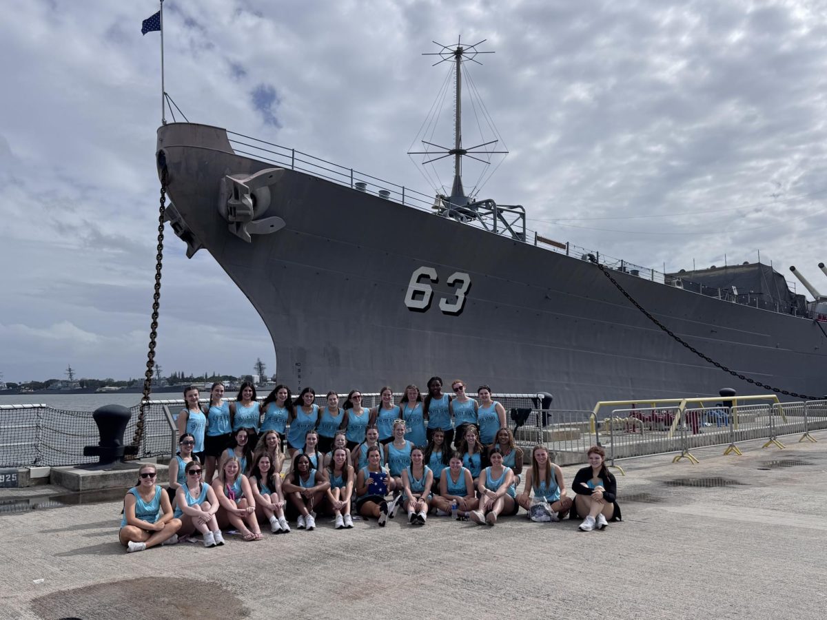 The Silver Stars fit in a little siteseeing while in Hawaii over spring break. A Kona storm changed most of their plans, but the group still got a guided tour of the USS Missouri and got to see the Arizona Memorial. Photo submitted by Cyndi Vaughn.