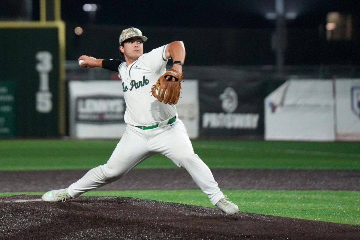 During a game against Porter on April 14, senior Landon Coburn throws a pitch. The Panthers won the game 7-1. Photo by Bishop Scott.